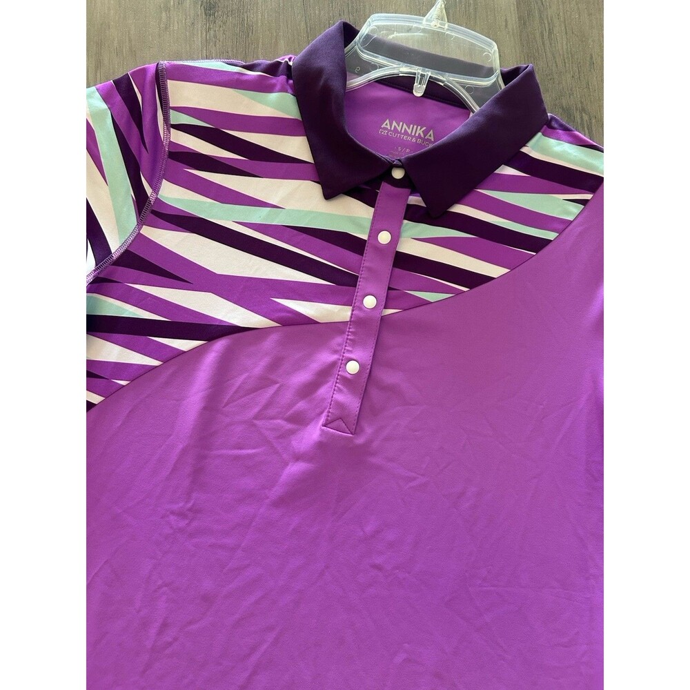 Annika Cutter & Buck Polo Shirt Purple Scroll Print Golf Activewear Top Size S